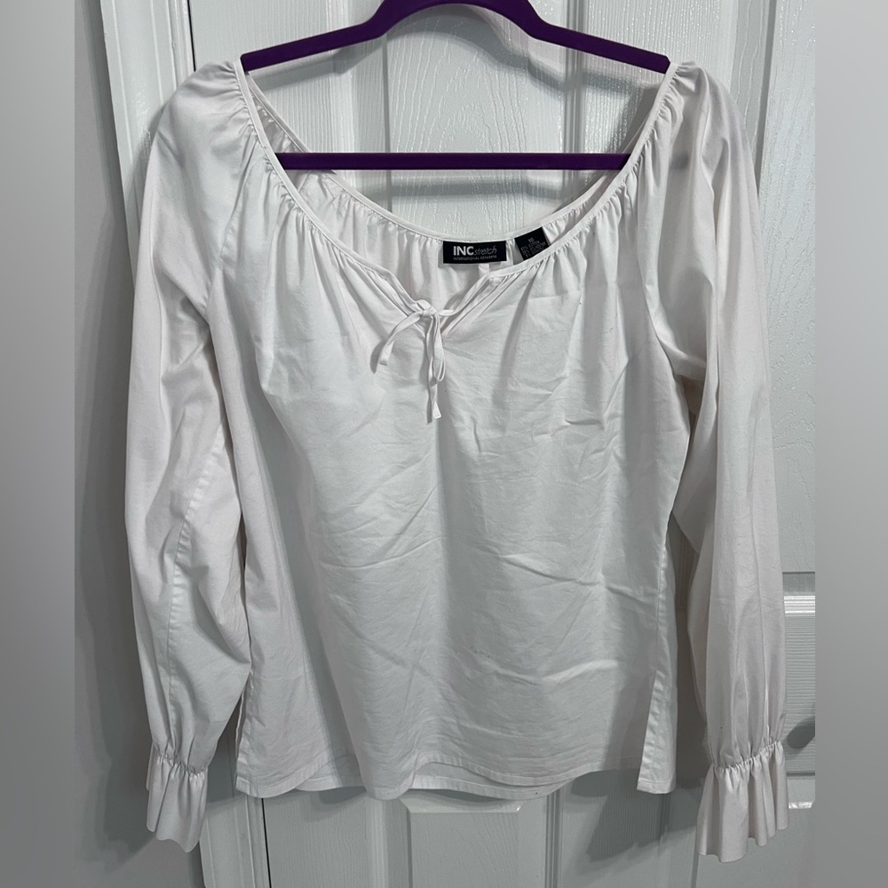 INC International Concepts White Peasant Tie-Neck Long Sleeve Top, Size 10